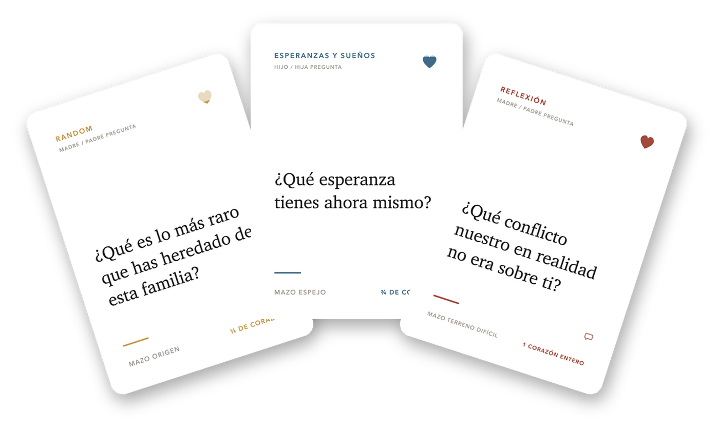 Tres cartas de Sin Manual en abanico: Origen, Espejo y Terreno Difícil